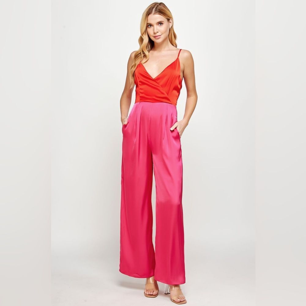 Two-Tone Red and Hot Pink Satin Wide-Leg Jumpsuit